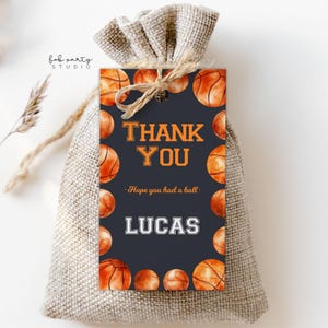 Modèle numérique d'étiquette de faveur de fête d'anniversaire de match de basket-ball | Étiquette-cadeau de sac de butin modifiable Hoop Shots | Carte de remerciement imprimable DIY Slam Dunk