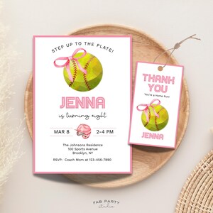 Softball Birthday Invitation + Favor Tag | Girl Sports Theme Party Printable | Editable Digital Template