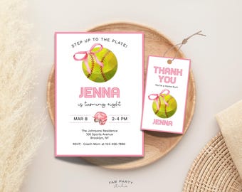 Invitación de cumpleaños de sóftbol + etiqueta de recuerdo / Fiesta temática deportiva para niñas, plantilla digital imprimible y editable