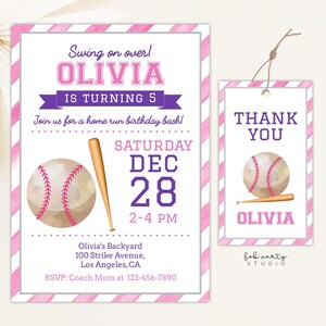 Rosa Baseball-Geburtstags-Party Einladung + Geschenkanhänger-Digital-Vorlage | Mädchen Kinder Sport Ball Spiel DIY Geburtstag einladen & Beute Tasche Geschenkanhänger