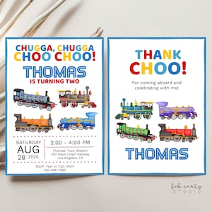 Invitación para fiesta de cumpleaños de trenes + Tarjeta de agradecimiento Plantilla digital / Invitación de trenes de juguete antiguos / Invitación para fiesta de cumpleaños de niños con locomotoras de tanque
