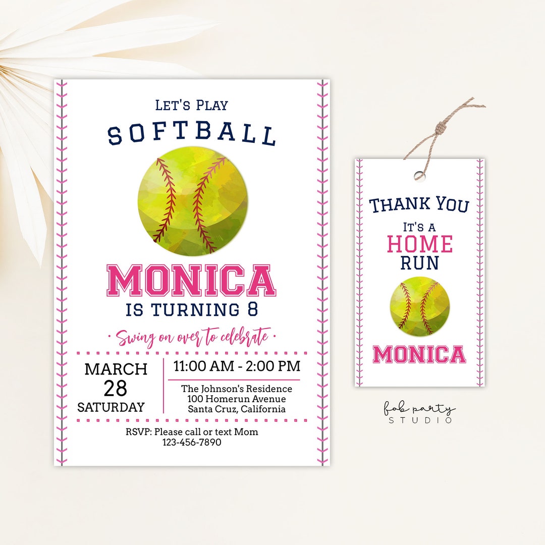 Minimalist Softball Birthday Invitation Favor Tag Editable Girl Sports