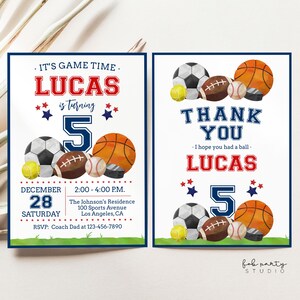 Convite para festa de aniversário All Star Sports Any Age + modelo digital editável de cartão de agradecimento | Convite para festa de jogo de bola esportiva DIY para impressão