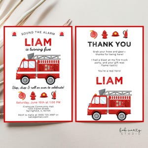 Faire-part d'anniversaire camion de pompier + carte de remerciement | Modèle numérique de fête de pompier pompier | Evite d'anniversaire modifiable camion de pompier rouge pour garçons