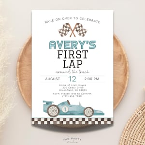 May include: A rectangular birthday invitation card featuring a watercolor race car theme. The text reads: RACE ON OVER TO CELEBRATE AVERY'S FIRST LAP around the track, AUGUST 12 2:00 PM, Home of Liam Hayes, 230 Cedar Drive, Brookfield, WI 53005, RSVP: 123 456 7890.