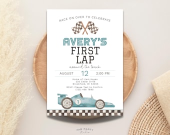 Invito per il primo compleanno a tema auto da corsa / Festa a tema "Primo giro in pista" - Modello digitale stampabile e modificabile