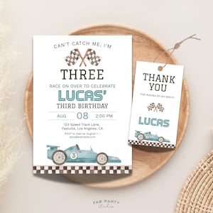 Can't Catch Me I'm Three 3rd Birthday Invitation & Favor Tag | Racing Theme Party Printable | Editable Digital Template