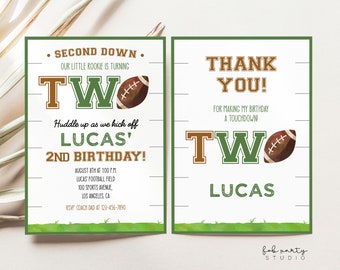 Football Second Down Birthday Party Invitation + Thank You Card Digital Template, Kids Boys Sports Ball Game Year Two Editable Party Invite