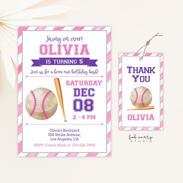 Pink Baseball Birthday Party Invitation + Favor Tag Digital Template, Sports Ball Game Girls Kids DIY Birthday Invite & Loot Bag Gift Tag