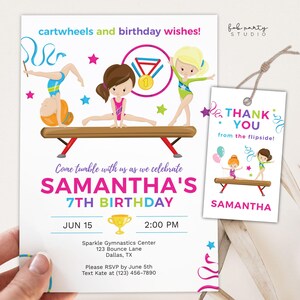 Gymnastics Birthday Invitation + Favor Tag | Jump Tumble Play Party | Editable Girl Gymnast Digital Template | Gym Play Group Party Invite
