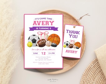 Sports Birthday Invitation & Favor Tag | Girl All Star Game Party Printable | Editable Digital Template