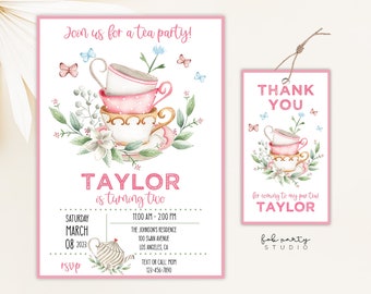 Tea Time Birthday Party Invitation + Favor Tag Digital Templates, Floral Garden Tea Cup Girl Birthday Invite & Favor Tag Party Printables