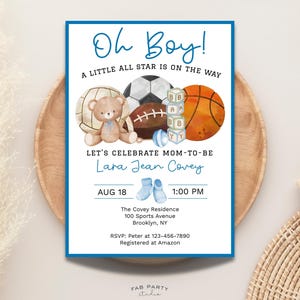 Sport-Babyparty-Einladung | Oh Junge alle Sterne Thema Party druckbar | Bearbeitbare digitale Vorlage
