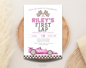 Invito di compleanno "Primo giro in pista" / Festa per bambina a tema auto da corsa rosa - Modello digitale stampabile e modificabile