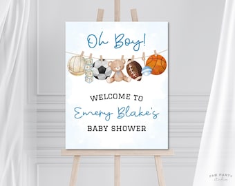 Cartello di benvenuto per baby shower a tema sportivo / Festa "Oh Boy Blue" stampabile / Modello digitale modificabile