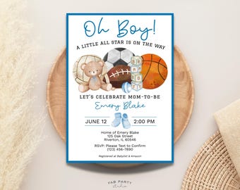 Faire-part de fête de naissance sportive | Oh Boy All Star bleu fête à imprimer | Modèle numérique modifiable