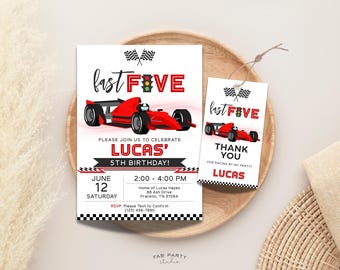 Race Car 5th Birthday Invitation & Favor Tag | Fast Five Red Racing Party Printable | Editable Digital Template