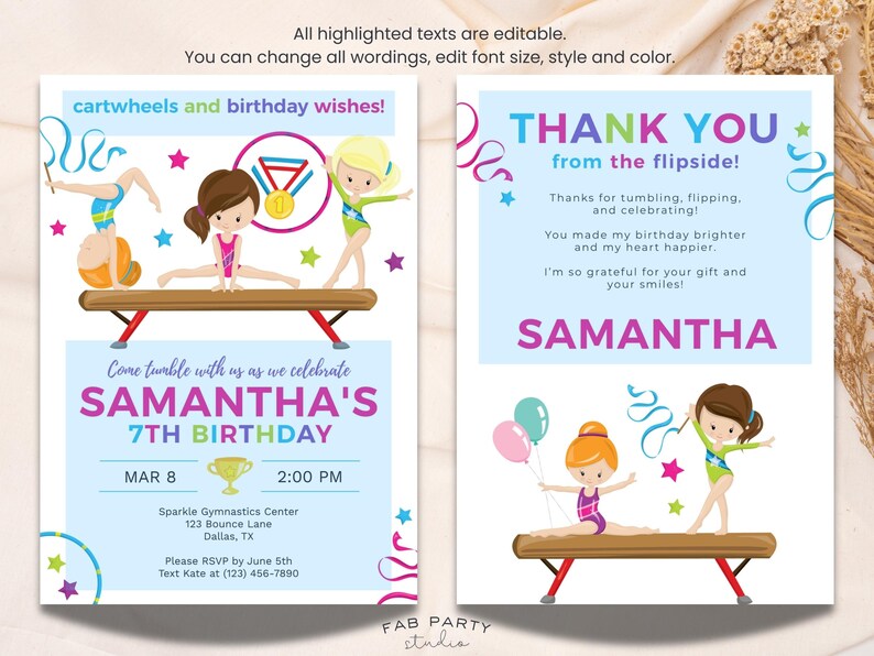Gymnastics Birthday Invitation & Thank You Card | Gym Play Theme Party ...