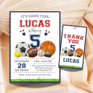 All Star Sports Birthday Party Invitation + Favor Tag Digital Template | Sport Game Number Any Age DIY Birthday Party Invite & Loot Gift Tag