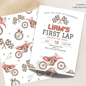 First Lap Around The Track 1st Birthday Invitation + Favor Tag | Dirt Bike Theme Party Printable | Editable Digital Template image 5