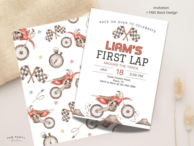 First Lap Around The Track 1st Birthday Invitation + Favor Tag | Dirt Bike Theme Party Printable | Editable Digital Template image 5
