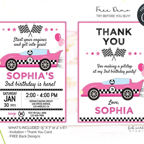 Pink Race Car Birthday Party Invitation Thank You Card - Etsy
