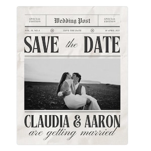 save the date-sjabloon, bewerkbare sjabloon, canva-sjabloon, bewaar deze datum met foto&#39;s, krantenaankondiging, vintage bewaar deze datum