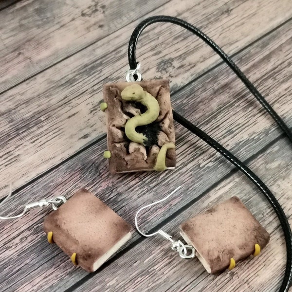 Mini Magic Book Jewelry Set -Snake/Necklace & Earrings/ Book Jewelry/ Tiny Clay Book/ Magic 3D/ Halloween/ Horror/ Creepy/ Goth/ Real Art