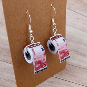 Orecchini/Orecchini "Carta igienica 10 euro"/Orecchini con motivo/Gioielli di carta/Arte di carta/Kawaii/Miniatura/Divertente/Oro/Carta igienica/Regalo di denaro