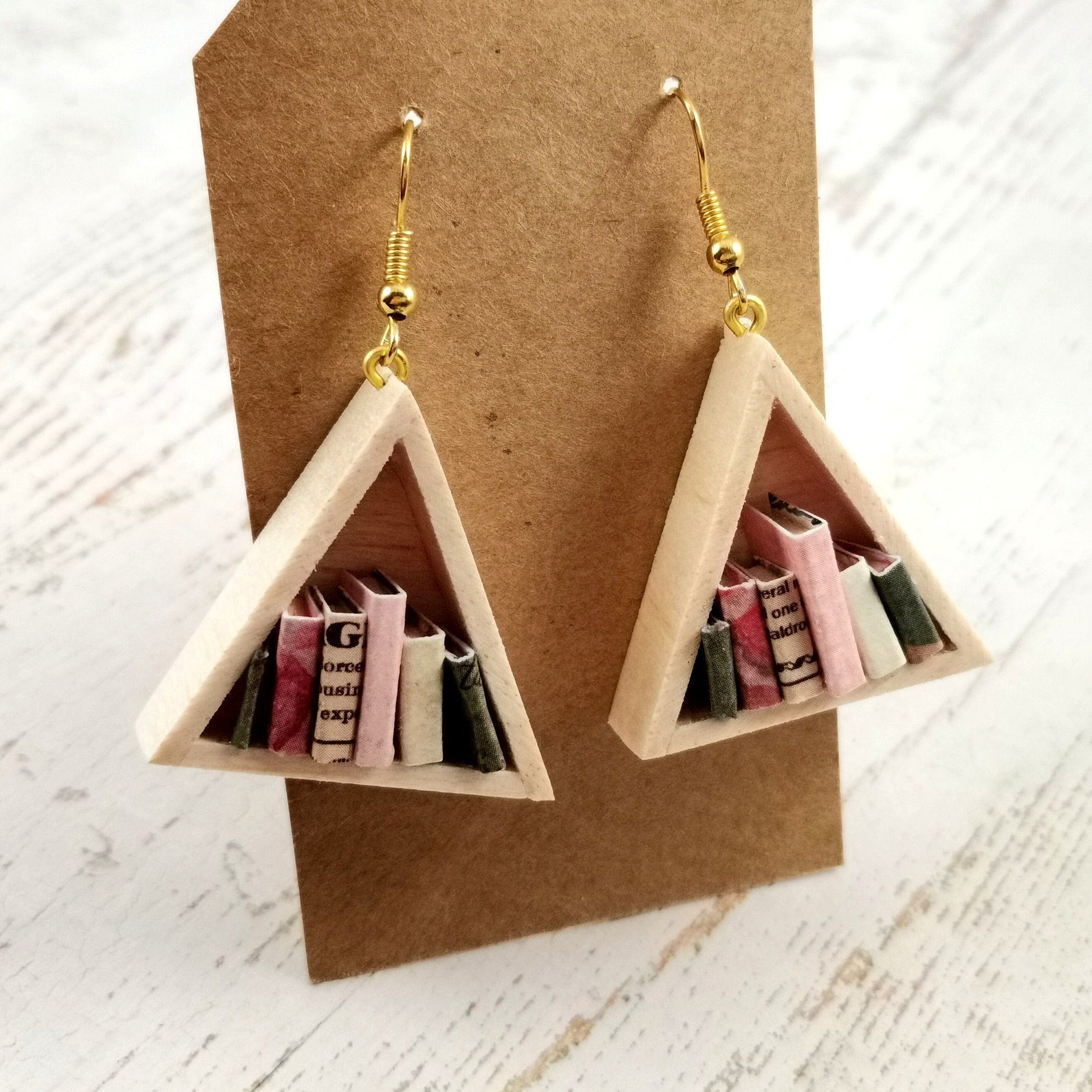 4 variants earrings Triangle Book Shelf/ Miniature Etsy