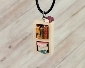 Necklace book shelf Bordeux/ miniature jewelry/ motif necklace/ books/ Tiny and Cute/ gift idea/unusual/necklace/book lover