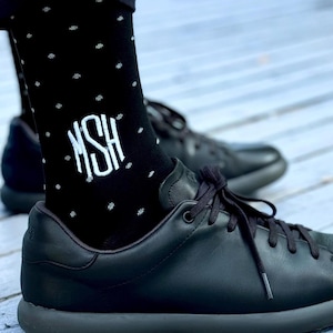 Personalized Groomsmen Socks |  Monogram Socks | Men&#39;s Polka Dots Dress Socks | Cotton Gauze Dress Socks for Men | Beige Socks | Black Socks
