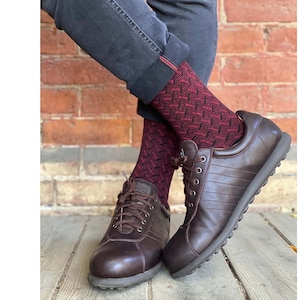 Men's Wool Dress Socks Soft Wool Socks Herringbone Patterned Wool Socks Gift Socks Black&Burgundy