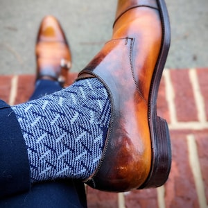 Men's Wool Dress Socks Soft Wool Socks Herringbone Patterned Wool Socks Gift Socks NavyBlue & LightGrey