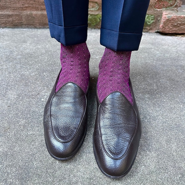 Men's Patterned Mercerized Cotton Dress Socks | Diamond Patterned Socks | Luxury Socks | Brown Purple Black Green Navy Blue Socks |