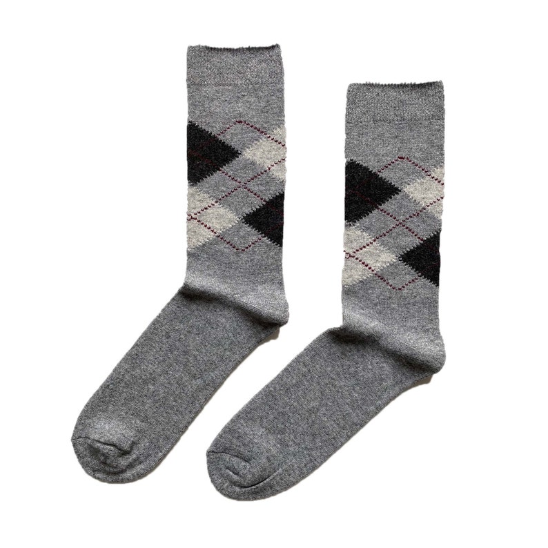 Men's Wool & Cashmere Blend Argyle Socks Luxury Gift for Him Boyfriend Gift Grey