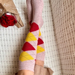 NEW COLORS ADDED Women's Knee-high Argyle Wool Socks Women Knee High Socks Soft Wool Socks Pink & Yellow & Red