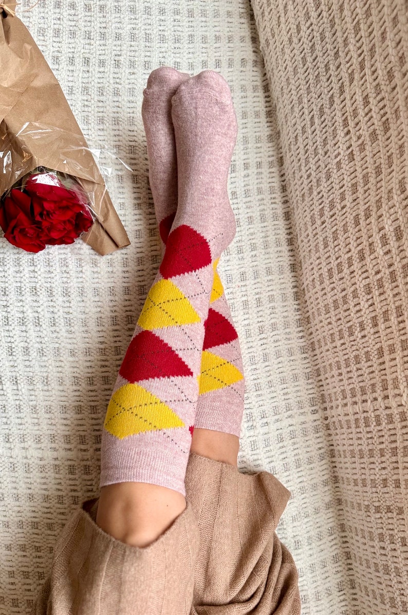 NEW COLORS ADDED Women's Knee-high Argyle Wool Socks Women Knee High Socks Soft Wool Socks Pink & Yellow & Red