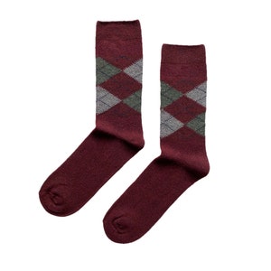 Men's Wool & Cashmere Blend Argyle Socks Luxury Gift for Him Boyfriend Gift Burgundy