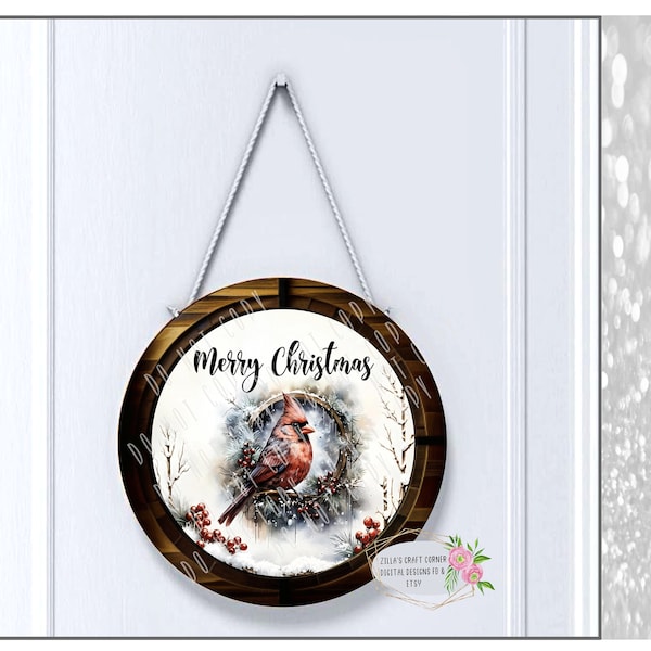 Door Hanger - Cardinal Merry Christmas Vibrant Colors with wood frame design, 300dpi, Wall Art, or Wreath Sign, Sublimation png, Christmas