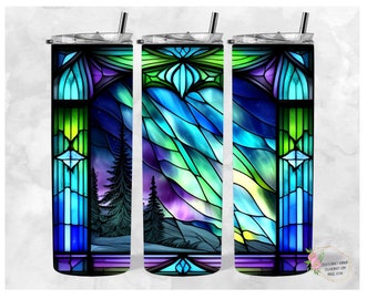 Stained Glass Northern Lights Tumbler Wrap: 20oz Skinny Tumbler (Digital Download)
