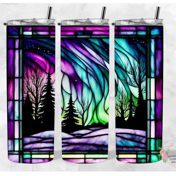 Stained Glass Northern Lights, 300dpi 20oz STRAIGHT Skinny Tumbler Wrap, 20oz Tumbler Sublimation, Digital 20oz Tumbler. Digital Tumbler png