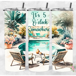 It&#39;s 5 o&#39;clock somewhere 20oz Skinny Tumbler Wrap, PNG, Seamless Design, Instant Digital Download, sublimation, tumbler png, beach tumbler
