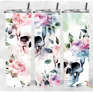 Skulls and Roses Watercolor 20oz Skinny Tumbler Wrap, PNG, Seamless Design, Digital Download, Sublimation Tumbler wrap, sublimation png wrap