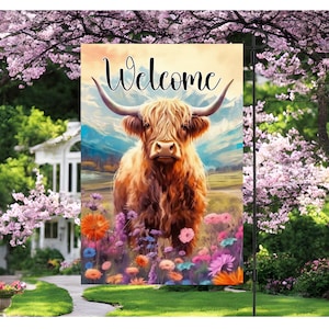 Bandera de jardín de bienvenida de vaca de las tierras altas de 13 x 19