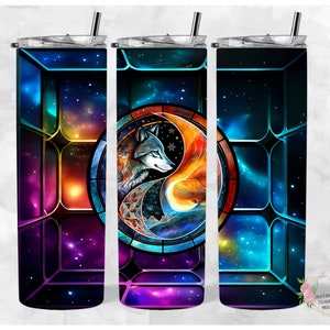 Stained Glass Tumbler Wrap, Ying Yang Wolf Galaxy Stained Glass, 20 Oz. Skinny Tumbler Wrap, PNG, Seamless Design, Digital Download