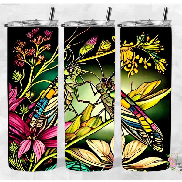 Grasshopper Stained Glass Skinny Tumbler Wrap, PNG, Seamless Design, Digital Download 20oz skinny straight tumbler digital download, Wrap