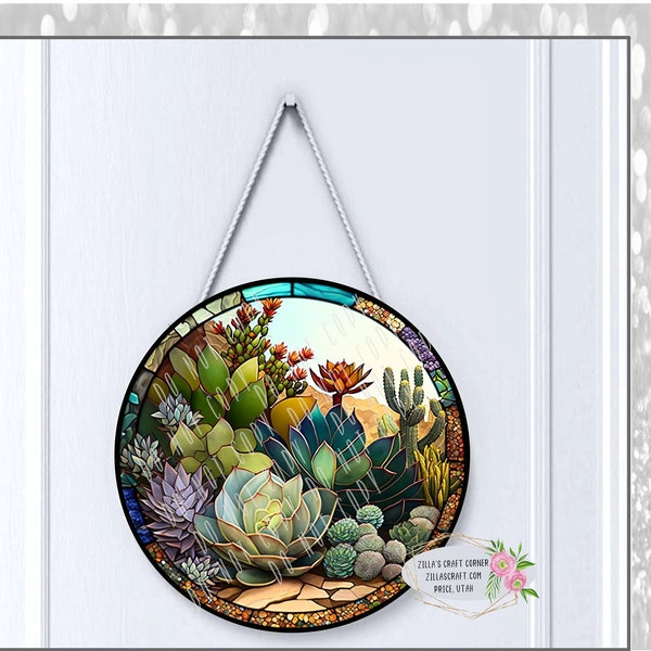 Succulents Door Hanger stained glass png, Digital Download only, Not a physical door hanger, succulent png, instant digital download, round