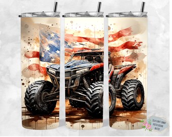 May include: A watercolor-style design featuring an off-road vehicle with large tires, driving through a field with an American flag in the background. The design is perfect for a tumbler or other drinkware.