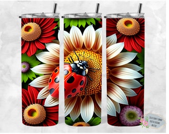 Könnte beinhalten: Ein Sublimationsdesign mit einem roten Marienkäfer auf einer weißen und roten Blume mit grünen Blättern. Das Design ist perfekt für einen Becher oder andere Sublimationsvorhaben.
